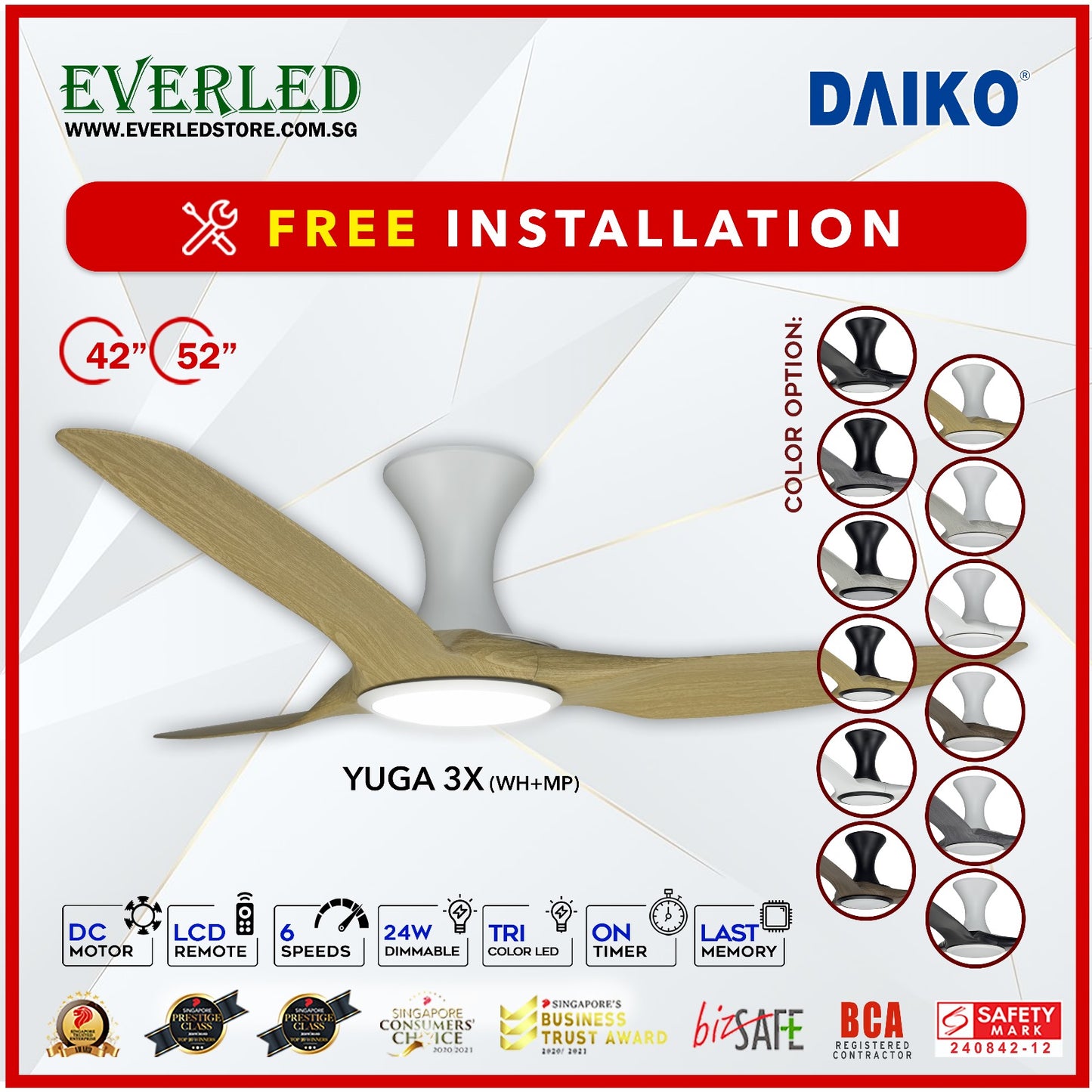 *FREE INSTALLATION* Daiko DC Yuga 3X 52"  with DIMMABLE Tri-color LED (Inverter DC Fan) *CDC & Climate Voucher Accepted in Showroom*