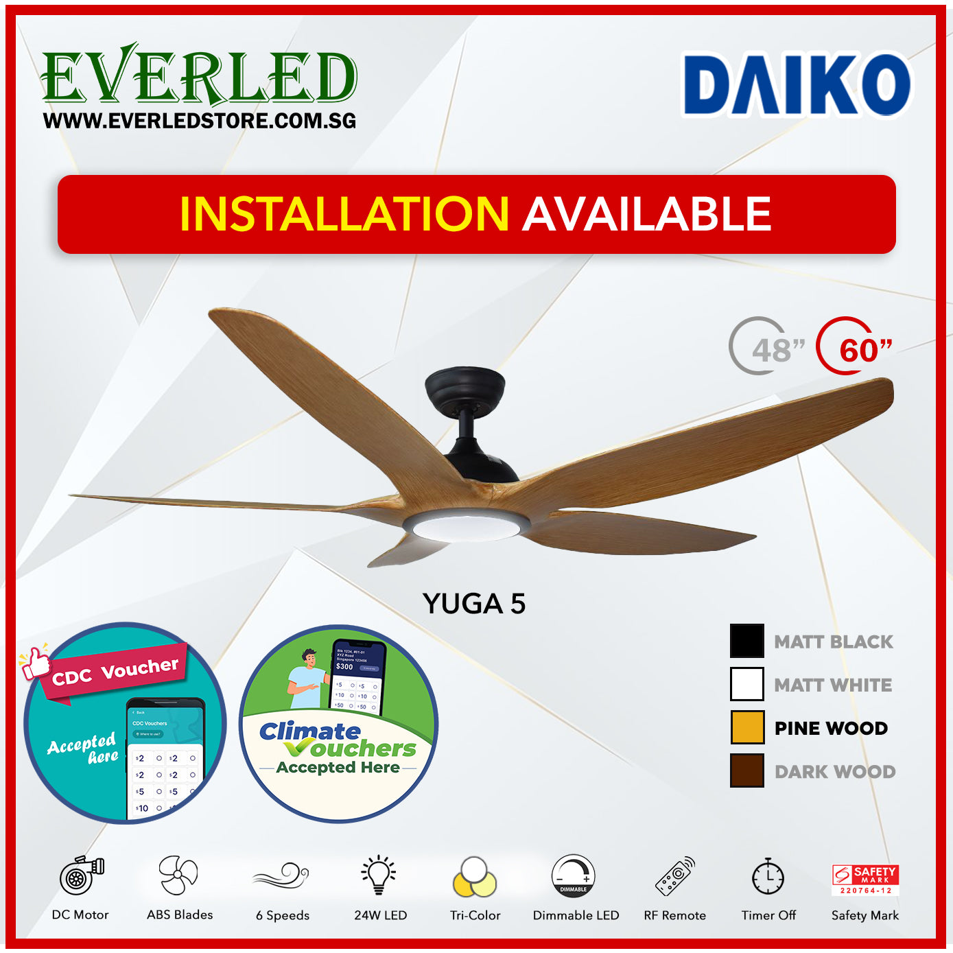 *FREE INSTALLATION* Daiko DC Yuga 5 48"/60"  with Tri-color LED (Inverter DC Fan) *CDC & Climate Voucher Accepted in Showroom*
