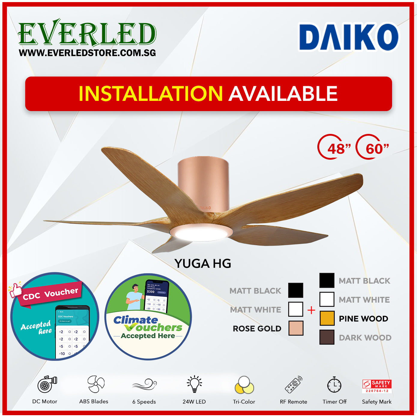 *FREE INSTALLATION* Daiko DC Yuga 5 48"/60"  with Tri-color LED (Inverter DC Fan) *CDC & Climate Voucher Accepted in Showroom*