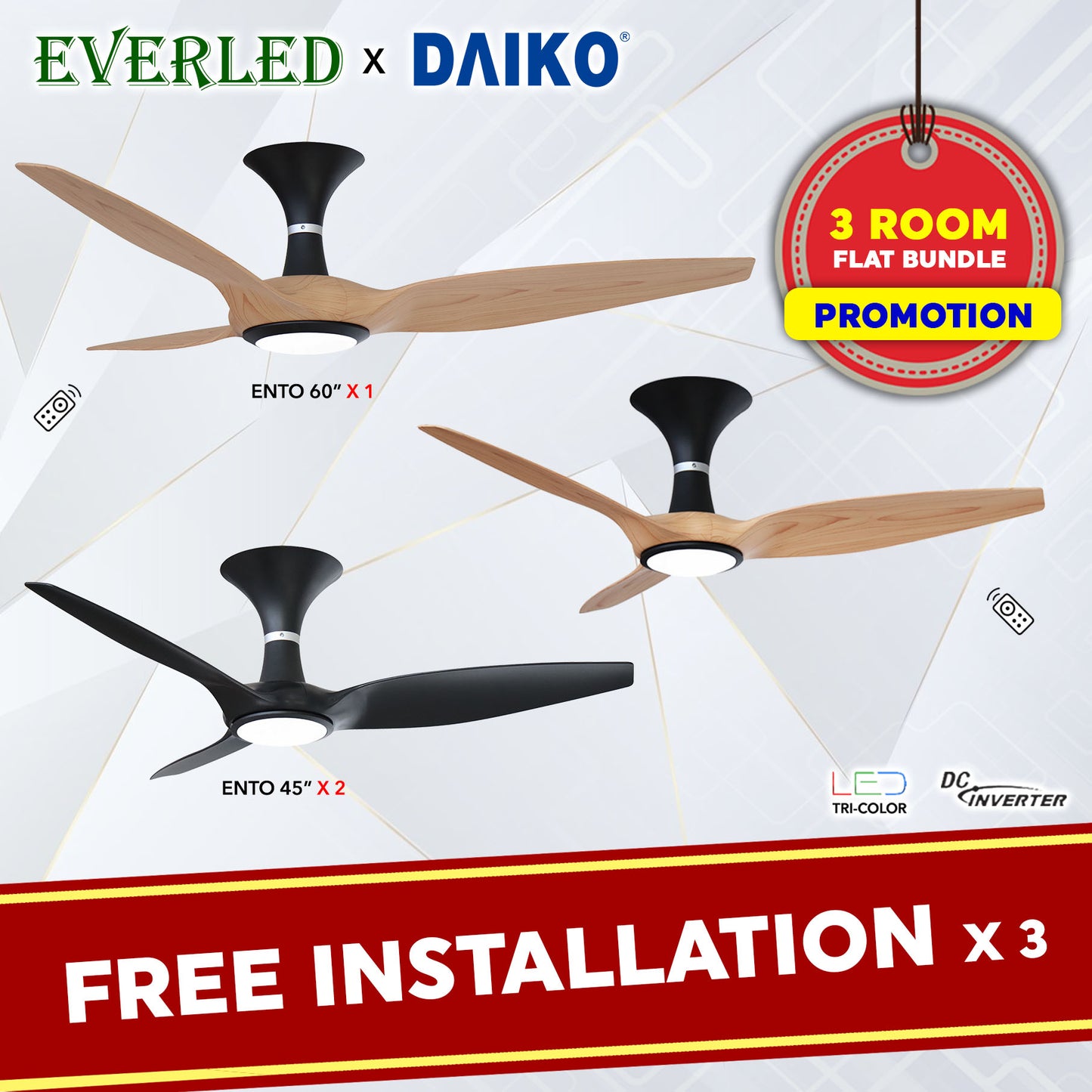 [Daiko 3 Room Ento Package] Daiko Ento 60 X 1 + Daiko Ento 45 X 2 (DC Inverter Fan)