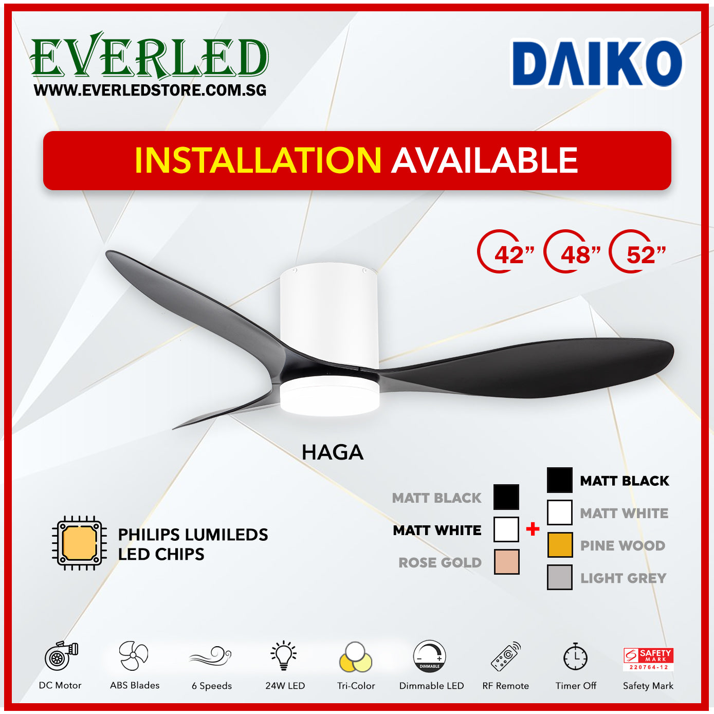 *FREE INSTALLATION* Daiko DC Haga 42"/48"/52"  with Tri-color LED (Inverter DC Fan)