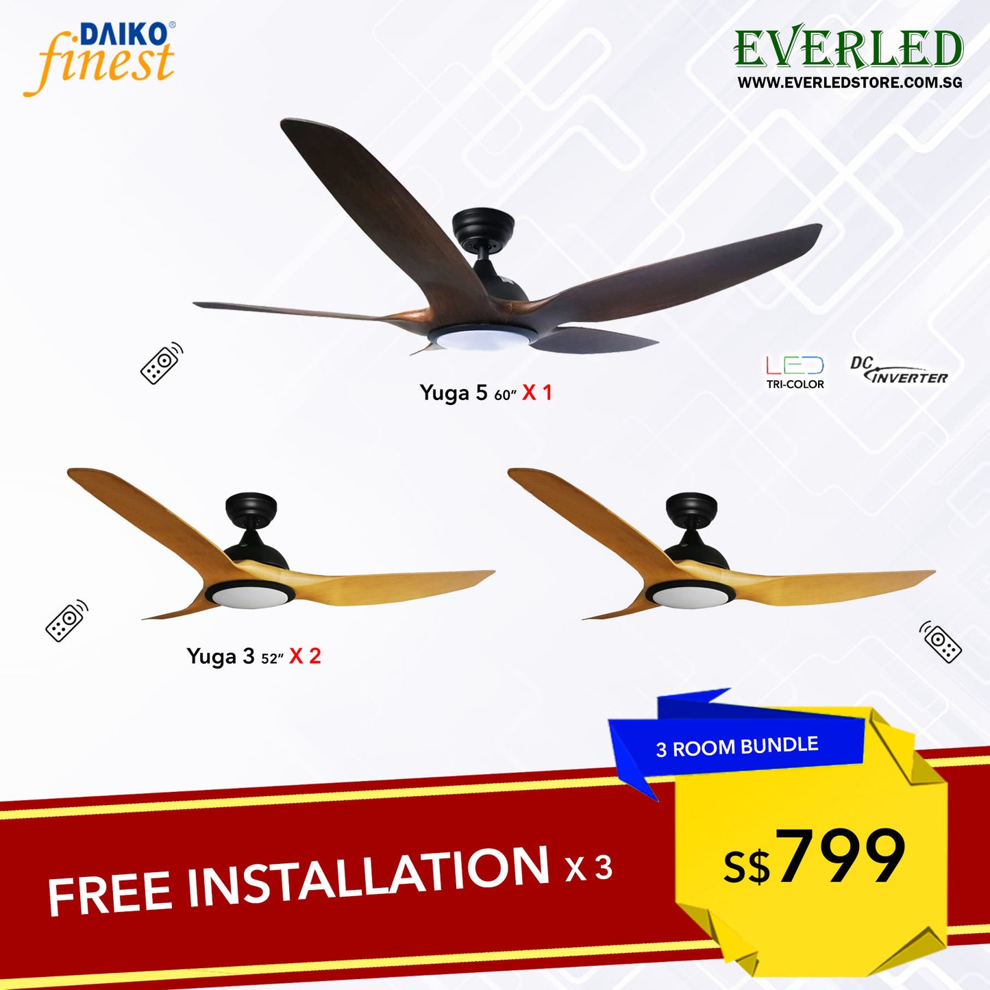 [Daiko 3 Room Yuga Package] Daiko Yuga 5 X 1 + Daiko Yuga 3 X 2 (DC Inverter Fan)