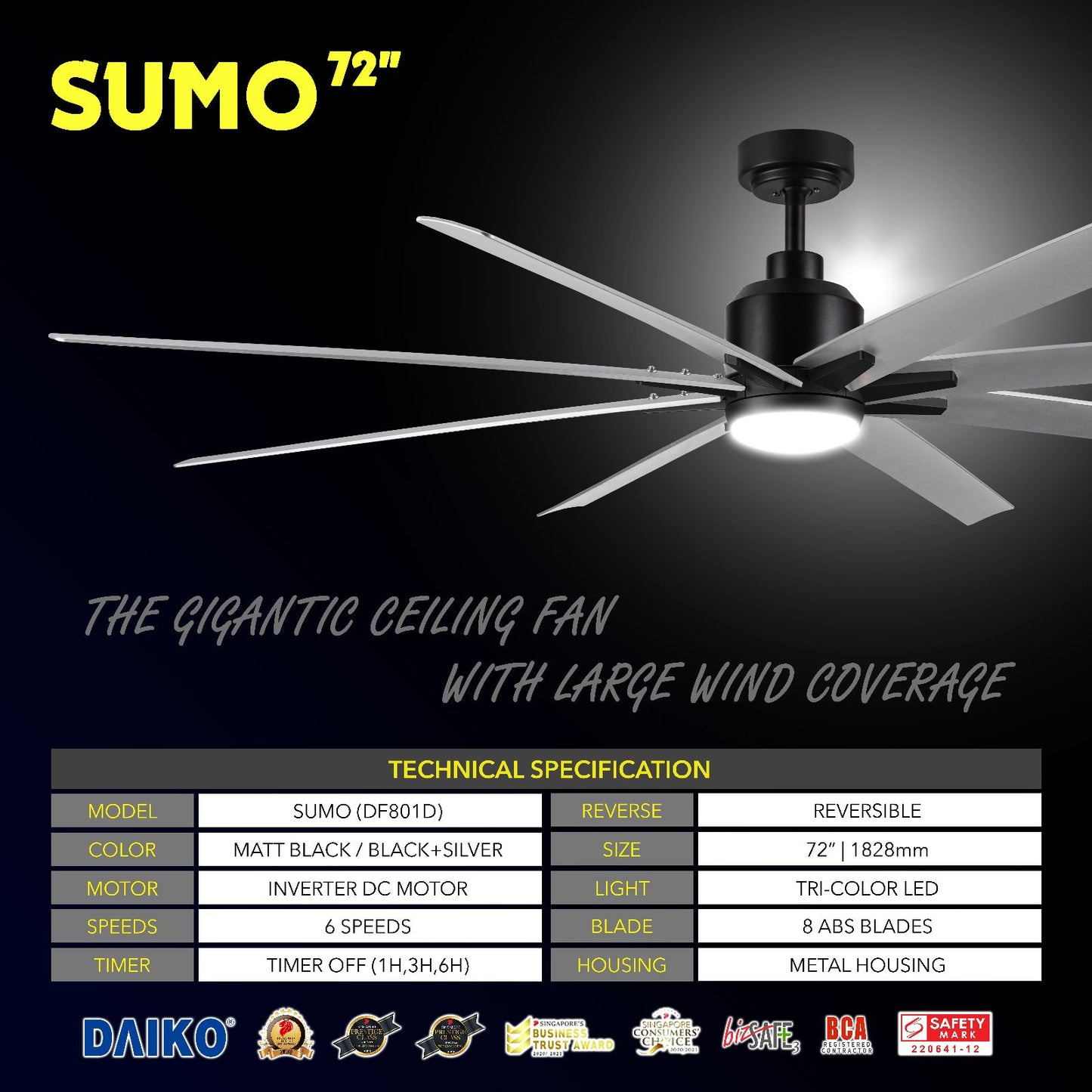 *FREE STANDARD INSTALLATION* Daiko DC Sumo 72"  with Tri-color LED (Inverter DC Fan) *CDC & Climate Voucher Accepted In Showroom*